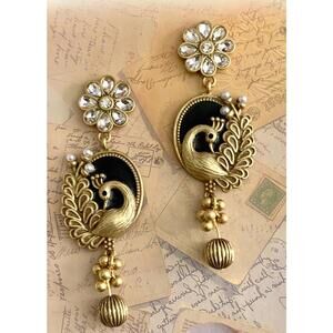 Vintage Monet Peacock Dangle Earrings | Rhinestone & Pearl Drop Designer Jewelry